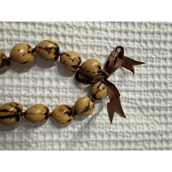 Brown Beige Beaded Long Necklace Bow Tie Tribal Boho Bohemian - Picture 3 of 4